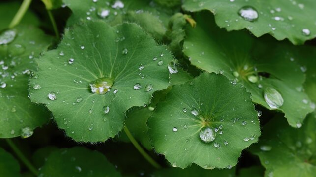Green centella asiatica leaves are shown with water droplets on their surface. The close-up captures fine details after recent rain in a garden area