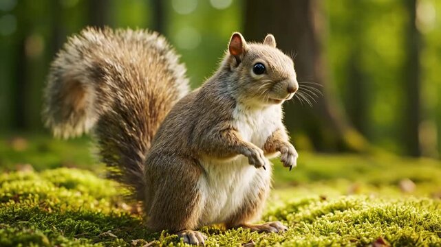 A fluffy squirrel in nature on a bed of green moss, facing towards right in the forest