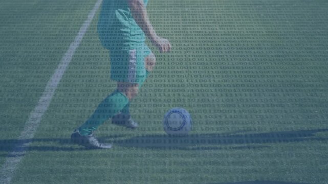 Animation of binary coding over diverse football players on stadium