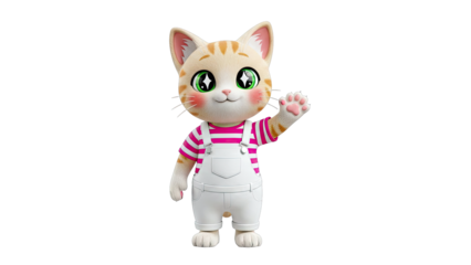 Cute cartoon cat character waving with big green eyes and striped shirt
