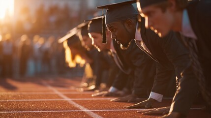 Young professionals in graduation caps prepare to receive their diplomas at an outdoor ceremony during sunset. The scene is filled with excitement and anticipation