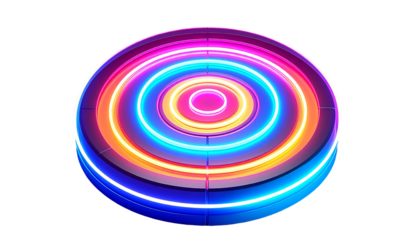 Circular neon light rings, layered, vibrant, on a dark background