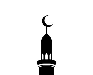 Obraz premium Black silhouette of a mosque minaret with crescent moon on top, isolated on transparent background