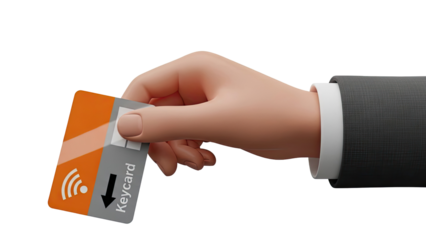Hand holding a Keycard with RFID and arrow symbols