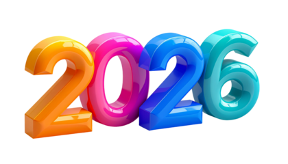 3D rendered, multi-colored numbers spelling out the year 2026