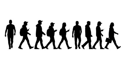 A group of diverse people walking in different directions on a plain white background