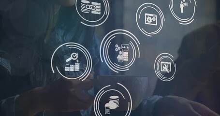 Animation of connections with technology icons over woman using smartphone - Powered by Adobe