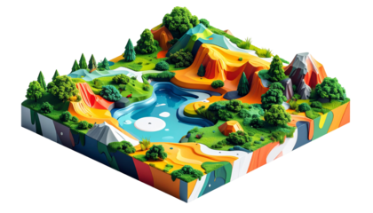 Isometric landscape slice mountains, lake, trees, and colorful terrain