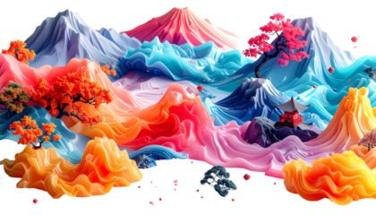 Colorful abstract landscape of stylized mountains and cherry blossoms
