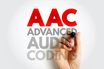 AAC Advanced Audio Coding concept with hand holding pen, representing digital audio compression, sound encoding, media format and streaming technology for online applications
