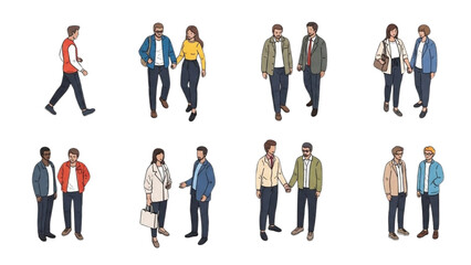 Diverse group of people walking together in various combinations and attire