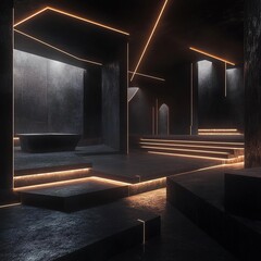 Dark, futuristic interior with glowing lines
