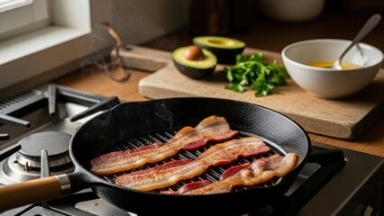 Crispy bacon strips grilling in a textured pan alongside fresh avocado halves and herbs for
