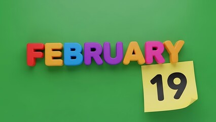 A vibrant and colorful display of the date February 19, represented with multicolored letters spelling out the month and a yellow sticky note showing the number 19. 