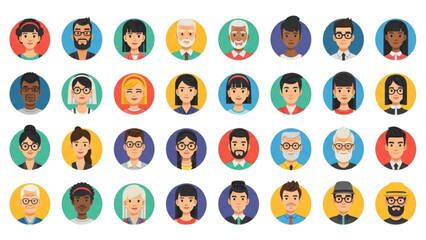 Fototapeta premium Diverse group of people represented through simple, colorful illustrations in circular frames on a white background from a straightforward viewpoint