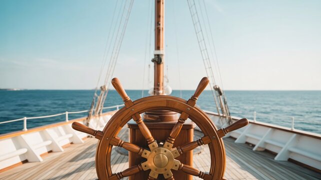 A large wooden ship's steering wheel on a deck overlooking the ocean on a clear sunny day with a blue sky and calm waters with sailing and boating and nautical and marine