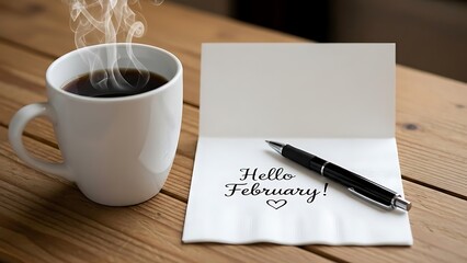 A steaming cup of coffee sits on a wooden table next to a blank piece of paper with a pen resting on it.