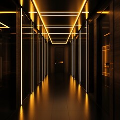 Dark, modern hallway with glowing lights