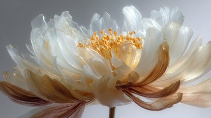 A delicate flower shows its intricate petals in soft white and light beige. The petals are layered and reveal fine details, drawing attention to their design