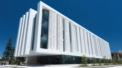 The modern building shows white GFRC horizontal sunshades installed above large glass windows. The surrounding area features trees and landscaped spaces under clear skies