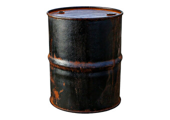 Old rusted Black steel oil barrel isolated on transparent or white background