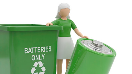 Woman with Battery Recycling Bin and Giant Battery