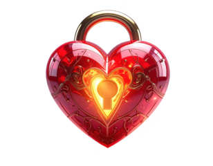 Glowing 3D heart lock with a key inserted and soft light,white background
