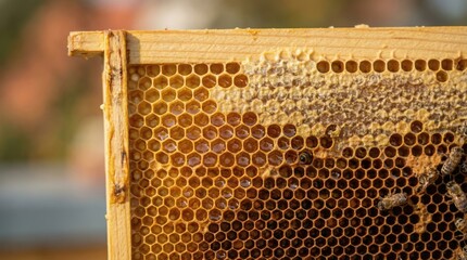 Close-up view of a honeycomb frame with bees and honey