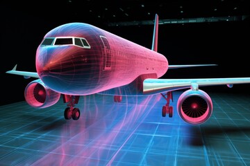 Airplane model creating a blueprint grid representing digital aviation technology