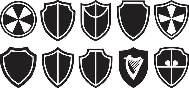 Assortment of Ten Black Silhouette Shields with Diverse Designs on White Background icon symbol
