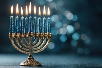 A menorah stands on a table with blue candles lit, symbolizing Hanukkah. The background is softly lit, showing a festive atmosphere during the holiday
