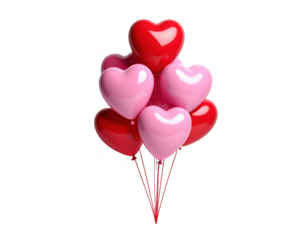 Group of 3D red and pink heart balloons bundled together,white background