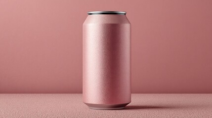 A tall blank matte metal can stands on a flat surface against a solid pink wall. The scene features a simple design with no labels or markings