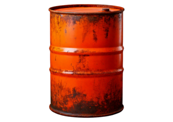 Old rusted Orange steel oil barrel isolated on transparent or white background