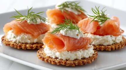 Four rice crisps topped with cream cheese, smoked salmon, and fresh dill make a tasty snack. This simple dish is great for gatherings or parties
