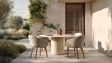 People gather around a round table with chairs for outdoor dining in Italy. The setup is clean and surrounded by plants on a sunny day