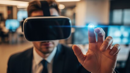 Closeup Businessman Hand interacting with virtual customer service headset, representing call center support, telecommunication, client assistance, and helpdesk operations