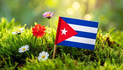 A small Cuban flag placed in green grass with flowers, symbolizing nature, identity, and national pride.