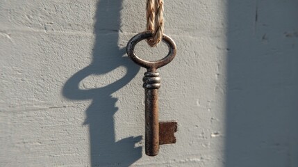 A skeleton key is suspended from a piece of twine attached to a nail on a gray wall. The key casts a shadow on the surface below it