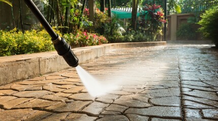 A worker cleans garden cobble stone paths using a pressure washer. Water sprays onto the stones, removing dirt and grime in a bright outdoor setting