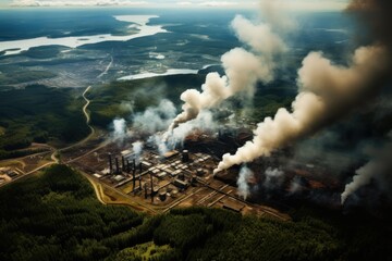 Industrial complex emitting heavy smoke into the atmosphere, impacting the environment