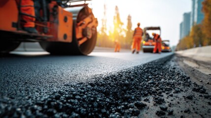 Workers are busy laying asphalt on a road. Construction equipment rolls out fresh material while other crew members supervise the task under clear skies