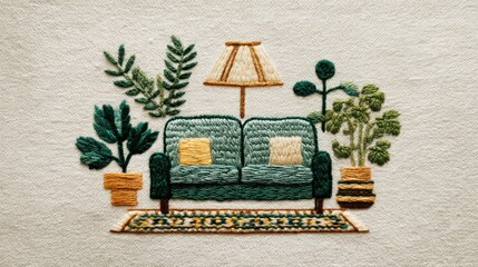 A detailed embroidery design showcases a sofa placed in a cozy setting with a lamp on the side. Green plants are arranged around the sofa, enhancing the atmosphere