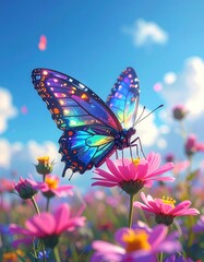 A luminous cybernetic butterfly with iridescent rainbow wings perched on a pink flower, glowing metallic body, surrounded by colorful wildflowers under a bright blue sky, fantasy sci-fi realism.