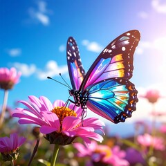 A luminous cybernetic butterfly with iridescent rainbow wings perched on a pink flower, glowing metallic body, surrounded by colorful wildflowers under a bright blue sky, fantasy sci-fi realism.