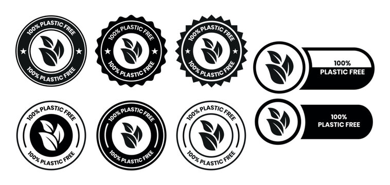 100 Percent Plastic Free Label and Icon Set with Zero Waste, Eco Friendly and Sustainable Packaging Badges in Black Line Flat Vector Style Isolated on White Background.