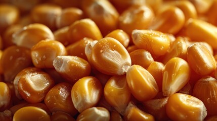 A close-up view reveals raw corn kernels, showcasing their yellow color and shiny texture. This natural setting highlights the details of the kernels as light reflects on them