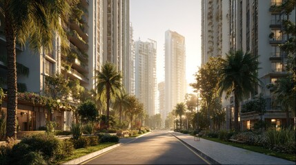 The view captures a city street during golden hour with sunlight illuminating tall buildings and palm trees lining the road, creating a dynamic urban scene