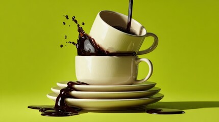 Two off-white cups are stacked with coffee pouring and spilling onto white plates. The background is bright green, highlighting the scene