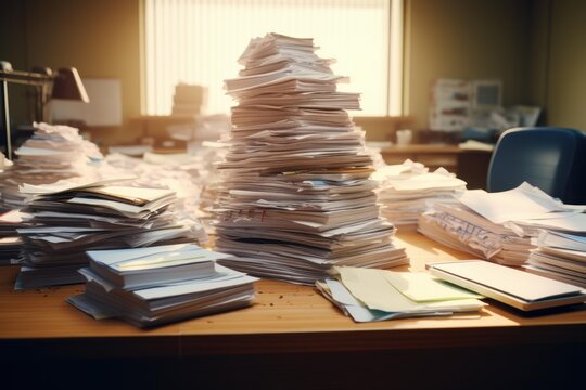 Office desk buried under towering piles of disorganized paperwork causing stress
